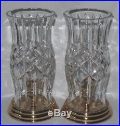 Waterford Crystal Prescott Hurricane Candle Holder Lamps with Brass Base Pair