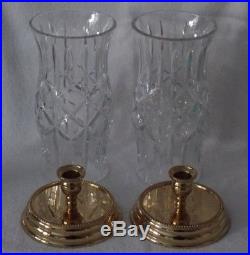 Waterford Crystal Prescott Hurricane Candle Holder Lamps with Brass Base Pair