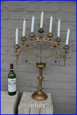 XL French religious church altar brass Candelabra Candle holder glass stones